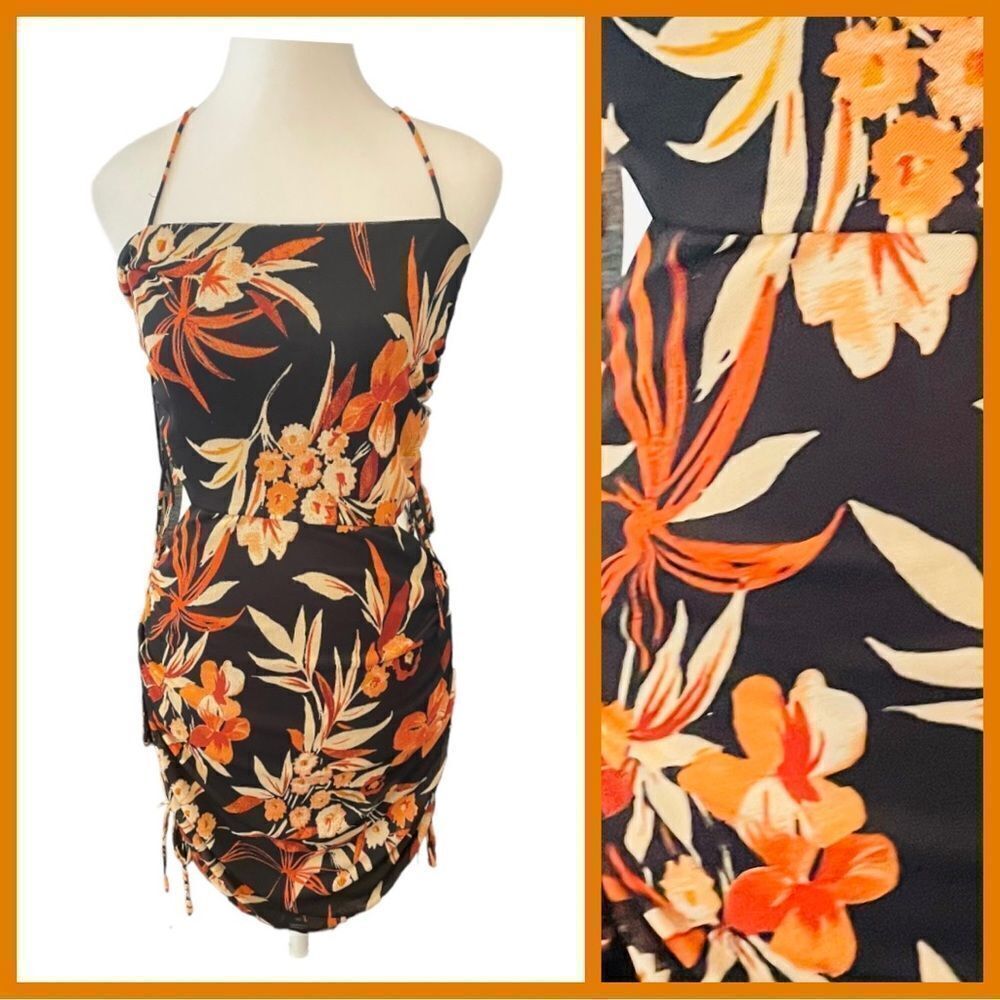TROPICAL RUCHED CUT OUT MINI DRESS, Med, BY LEYDEN